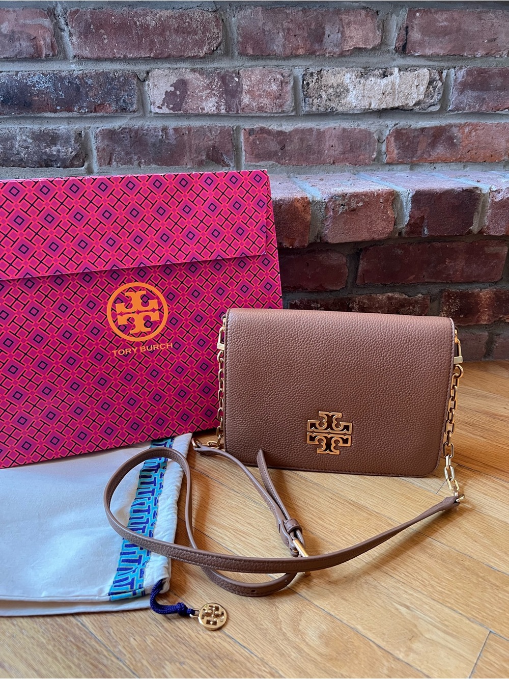 Tory Burch Tan Brown Leather Britten Combo Crossbody Bag